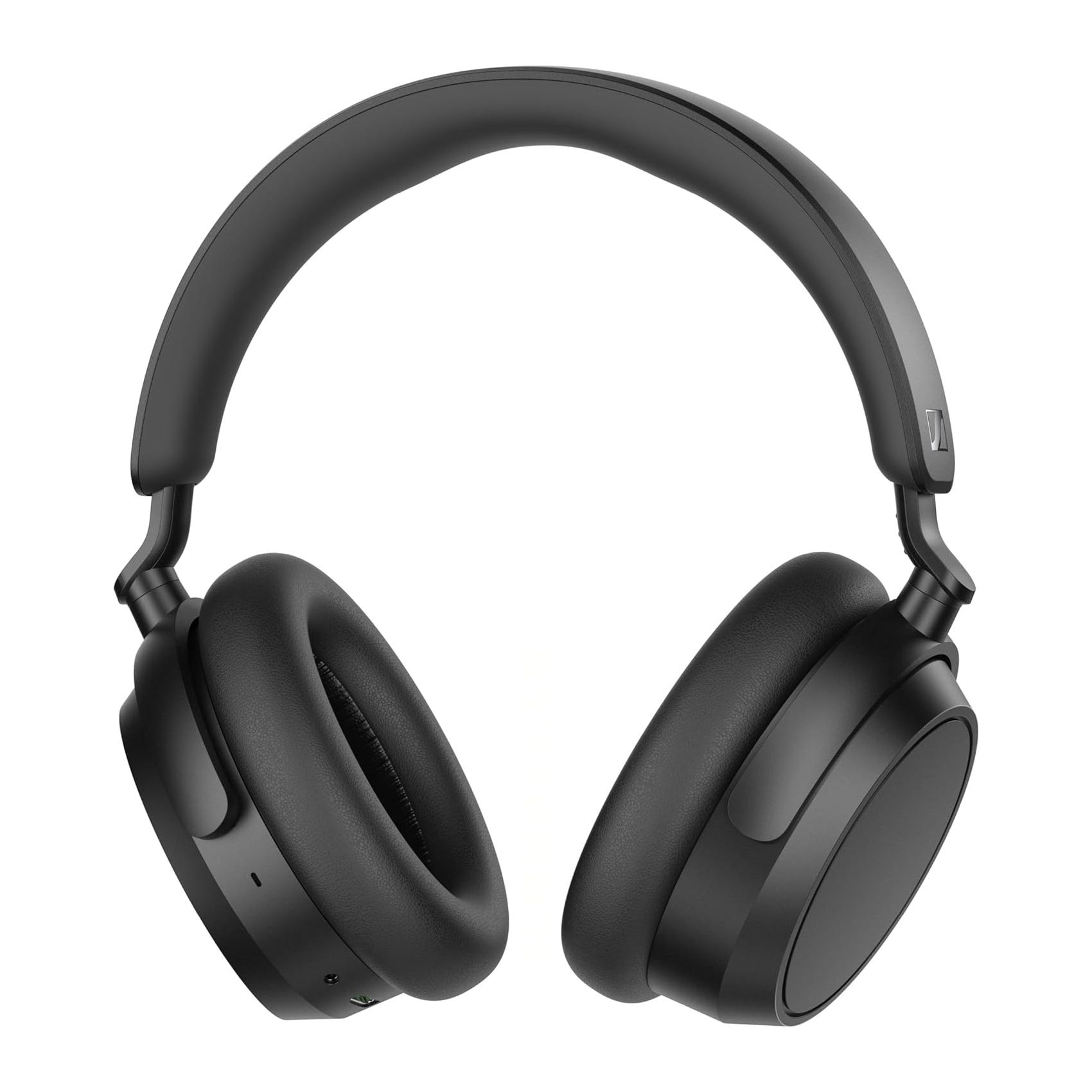 Black over-ear headphones with a sleek design featuring cushioned ear cups and an adjustable padded headband. They have visible control buttons on the side.