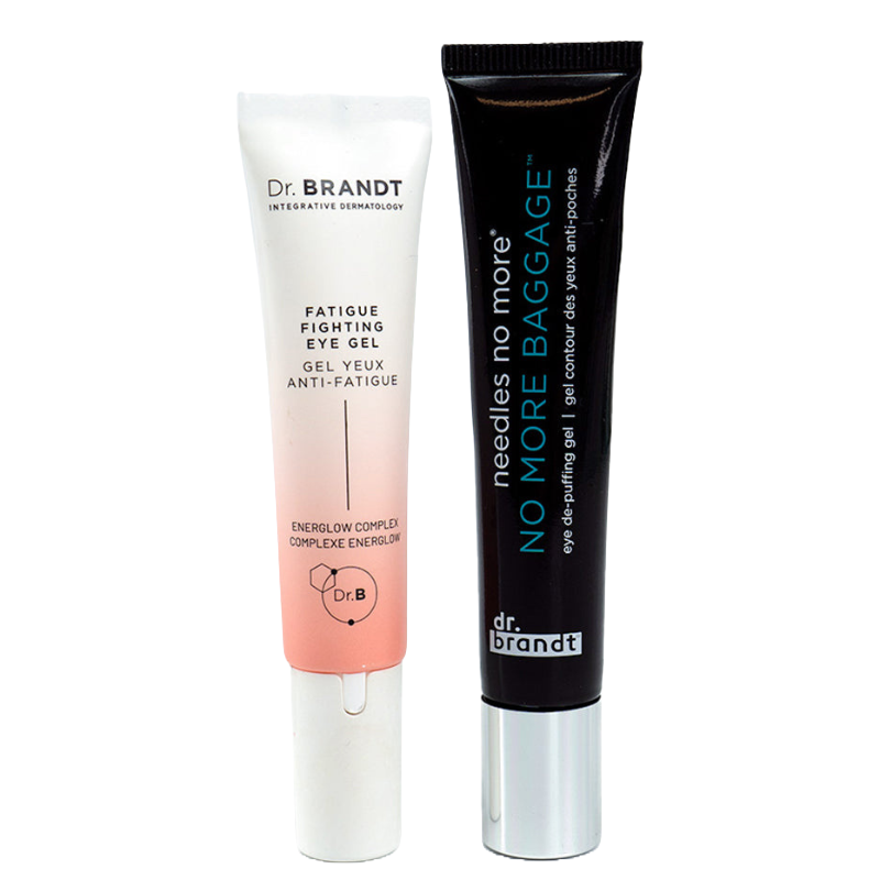 The 2pc Dr. Brandt Under Eye Rescue Duo includes \“Fatigue Fighting Eye Gel\“ with Energlow Complex and \“Needles No More No More Baggage\“ eye de-puffing gel.