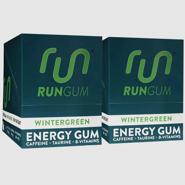 Two boxes of Run Gum Wintergreen Energy Gum with caffeine, taurine, and B-vitamins.