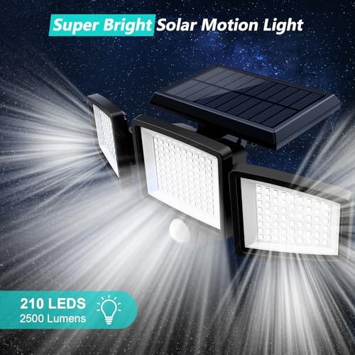 Two solar-powered security lights with a motion sensor, featuring 210 LEDs and emitting 2500 lumens.