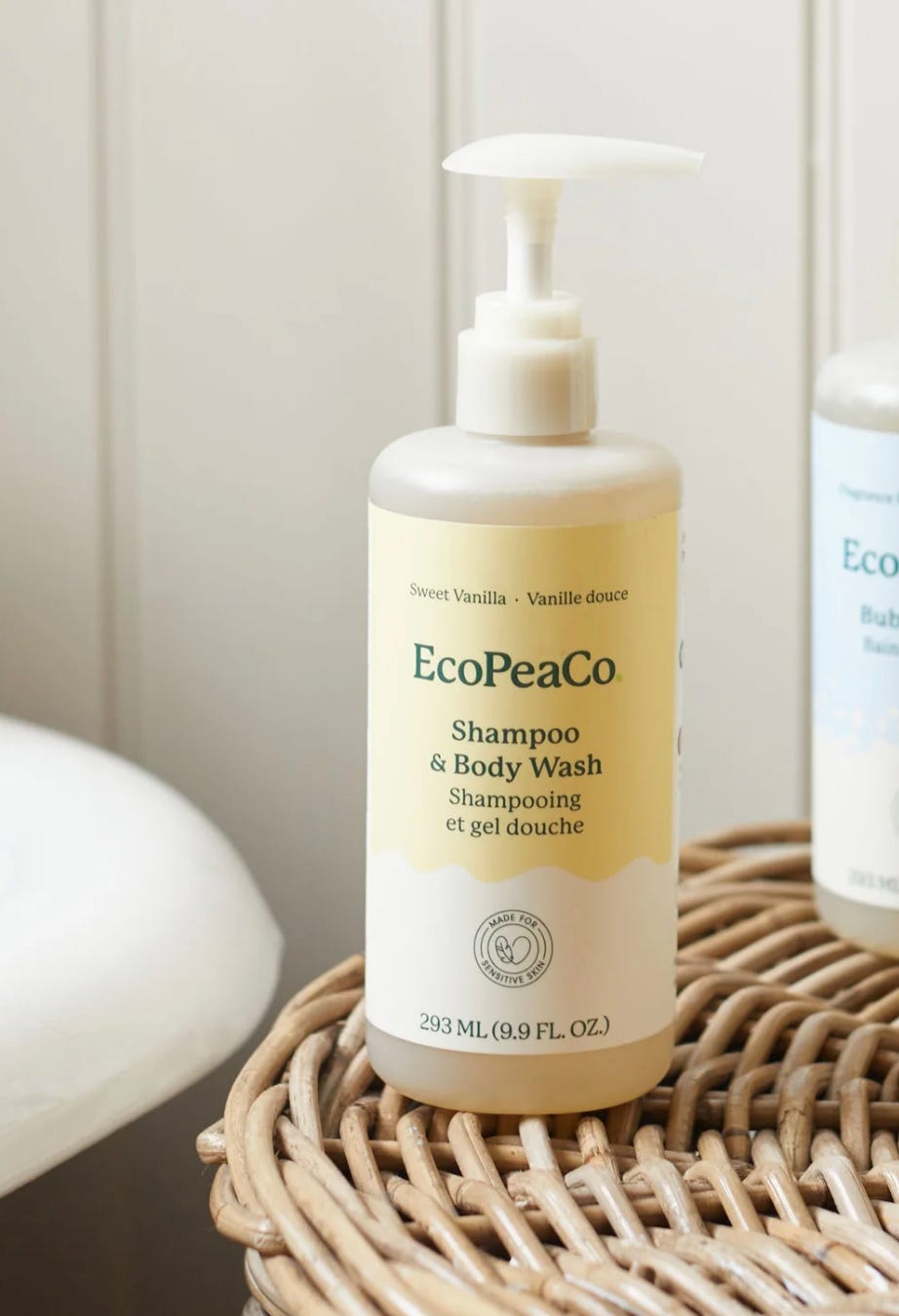EcoPeaCo Shampoo & Body Wash in a pump bottle, labeled Sweet Vanilla, 293 ML (9.9 FL. OZ.).