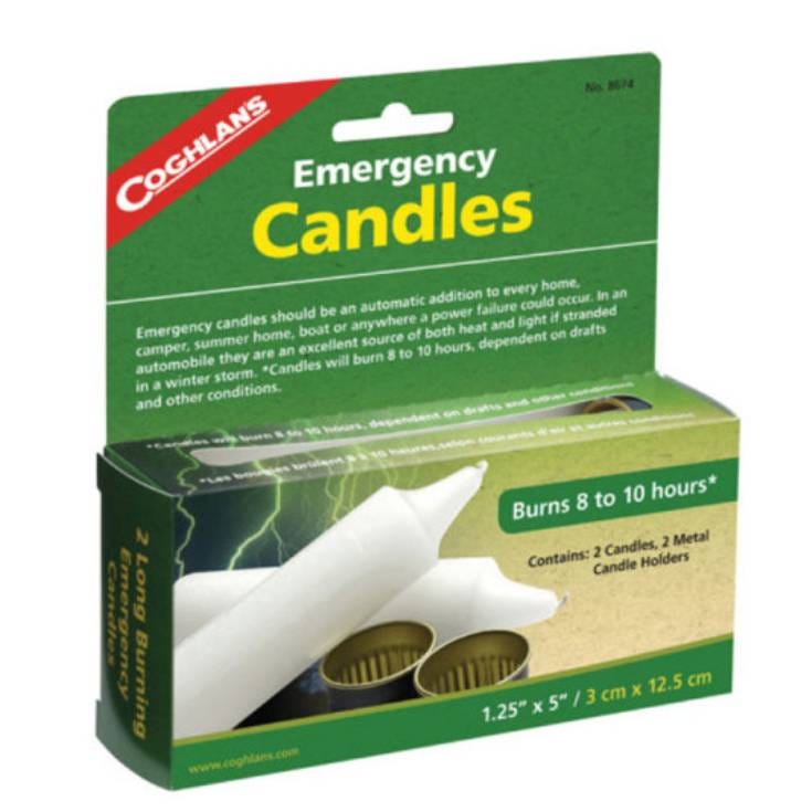 Coghlan's Emergency Candles pack contains two long-burning candles (1.25\“ x 5\“) and two metal holders, designed to last 8 to 10 hours each, suitable for homes, camping, or emergency situations.