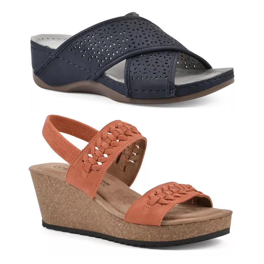Two pairs of women's sandals: one flat with a laser-cut design, the other with a braided strap on a cork wedge heel.