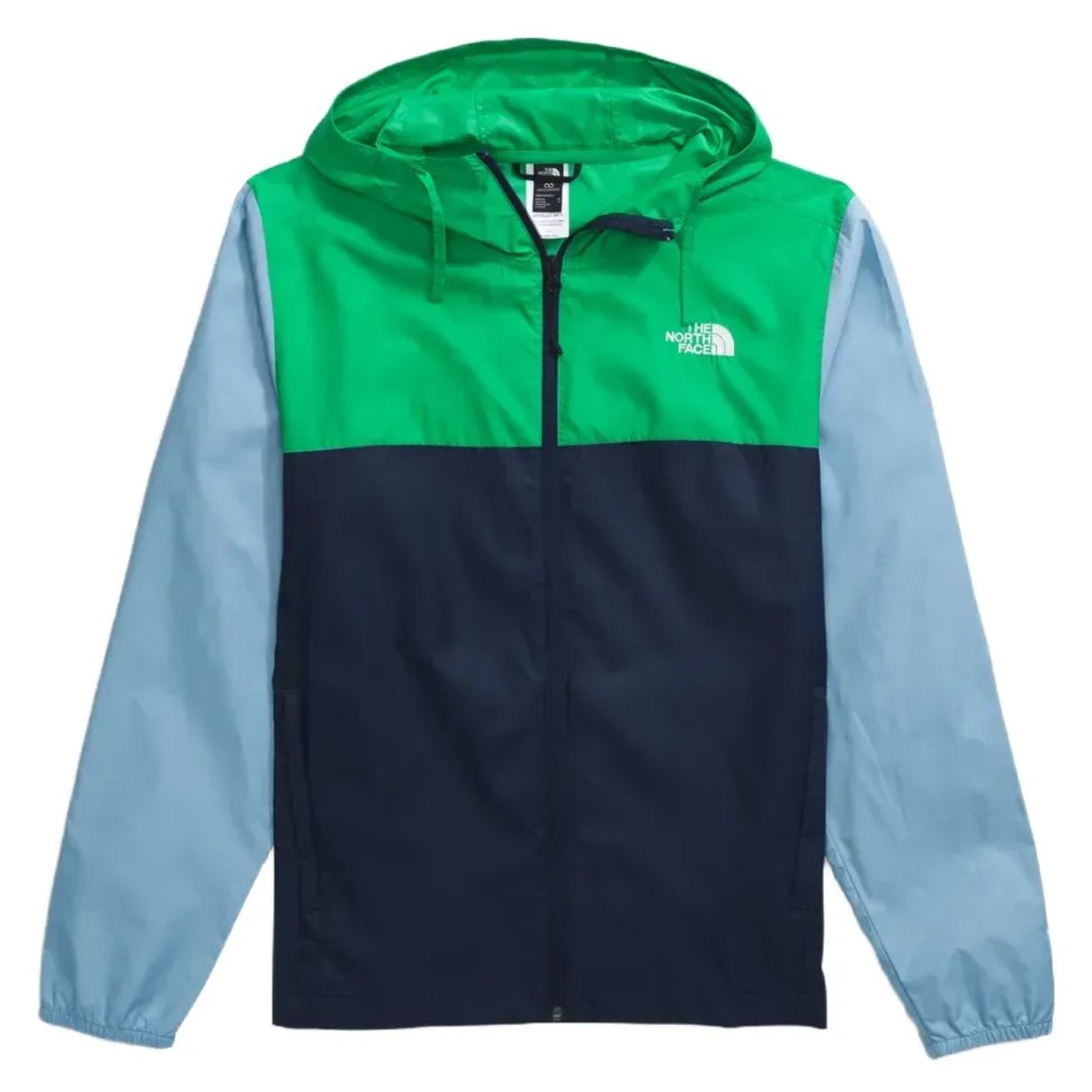 The North Face Men's Cyclone 3 Jacket features a color-block design with green, dark blue, and light blue sections. It has a hood, full-zip front, and elastic cuffs for wind resistance.
