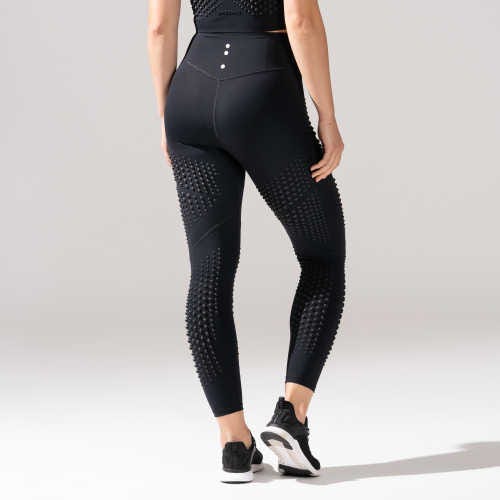 Black high-rise leggings with a pattern of distributed weighted dots across the legs.
