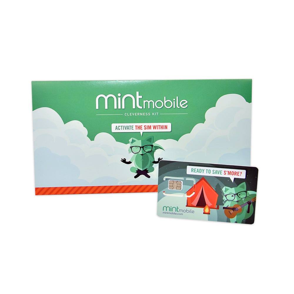Mint Mobile SIM kit with activation instructions and promotional graphics.