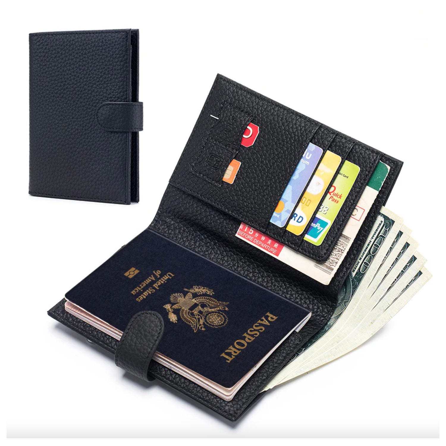 A black travel wallet open to reveal a passport, multiple credit cards, and cash, alongside another closed one.
