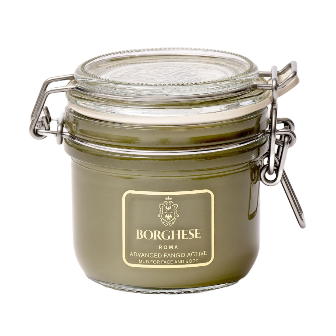 A glass jar of Borghese Roma Advanced Fango Active Mud for face and body, featuring a sealed metal clasp lid.