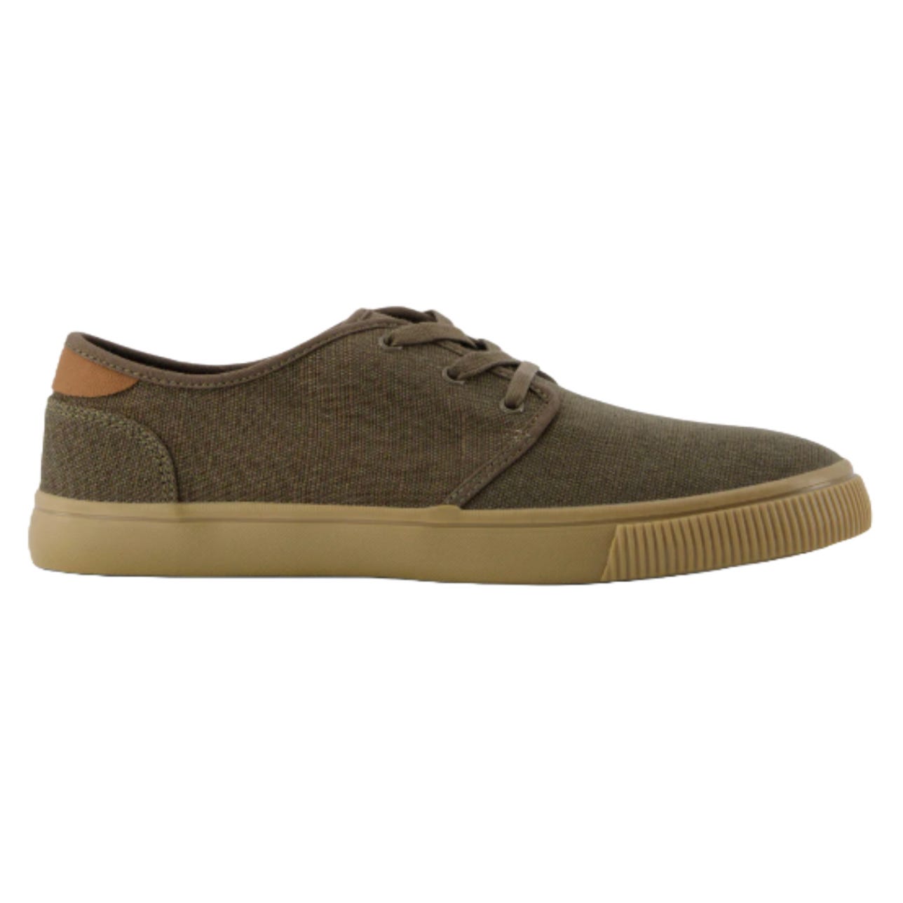A low-top, lace-up casual shoe with a brown fabric upper and tan rubber sole, featuring a textured design and brown heel accent.