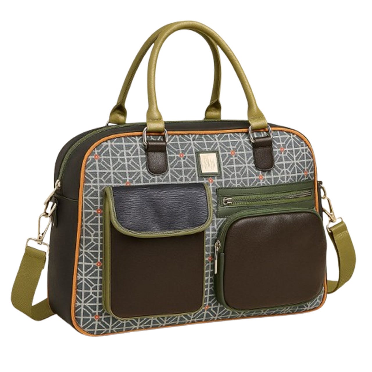A stylish handbag featuring a geometric pattern with green and brown tones, two front pockets with zippers, and a detachable shoulder strap.