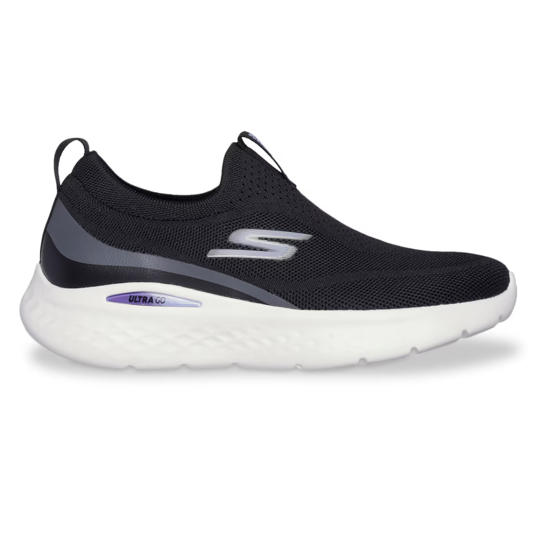 Black slip-on athletic sneaker with a white sole and a visible brand logo on the side.