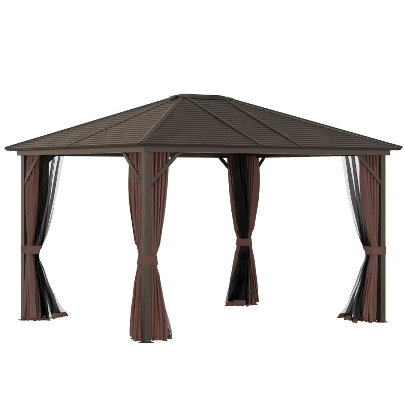 Hardtop gazebo with a slanted metal roof, supported by dark brown posts and surrounded by sheer curtain panels tied to the sides.