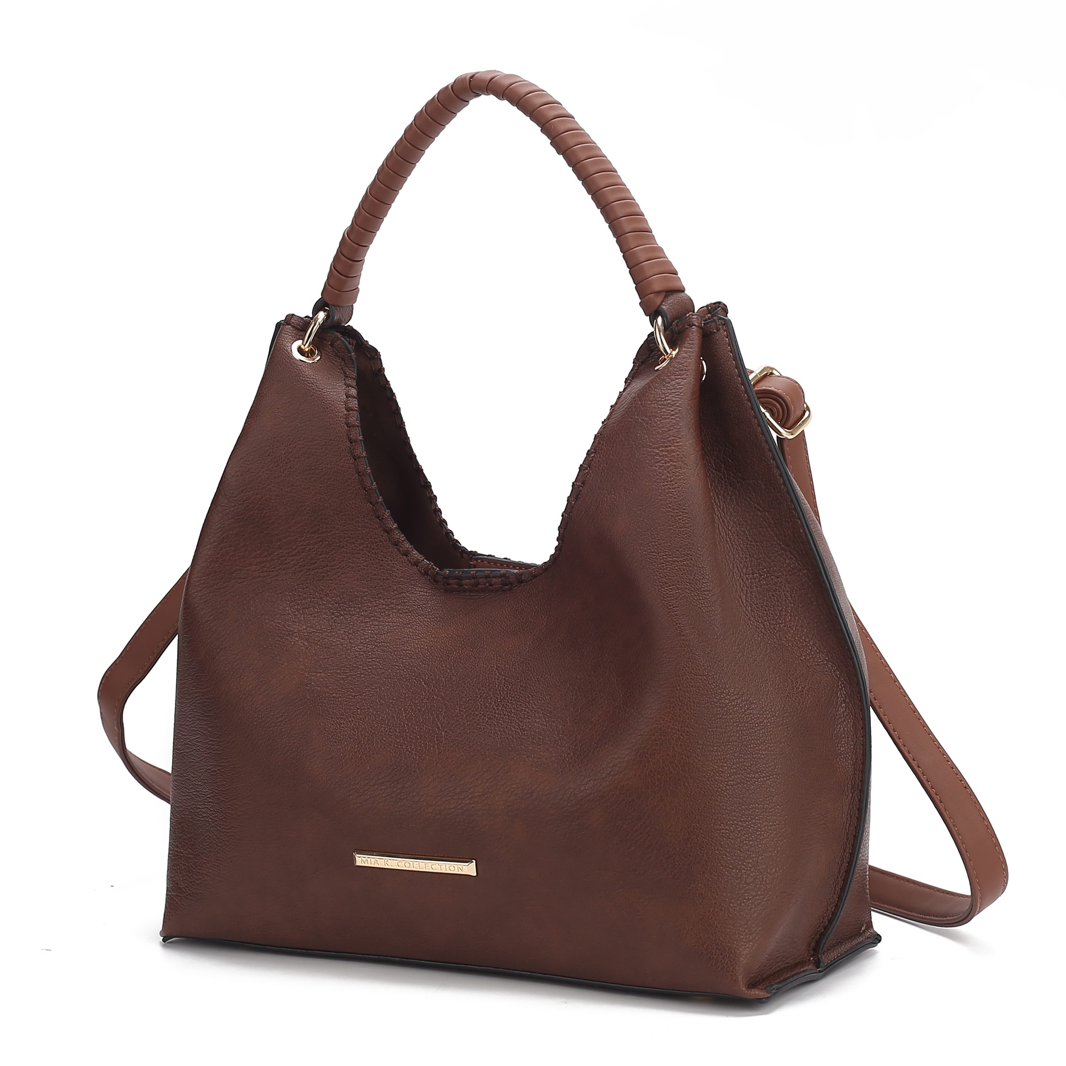 Brown MKF shoulder bag with a textured finish, featuring a woven handle, adjustable shoulder strap, and gold-tone logo plate.