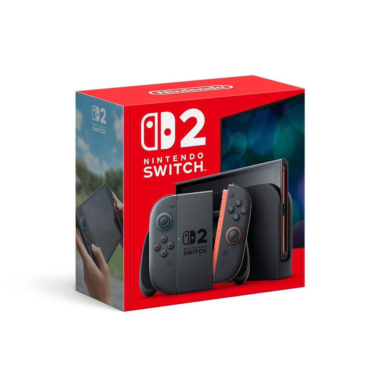 Box for a \“Nintendo Switch 2\“ with red packaging, showing the console, dock, and Joy-Con controllers.