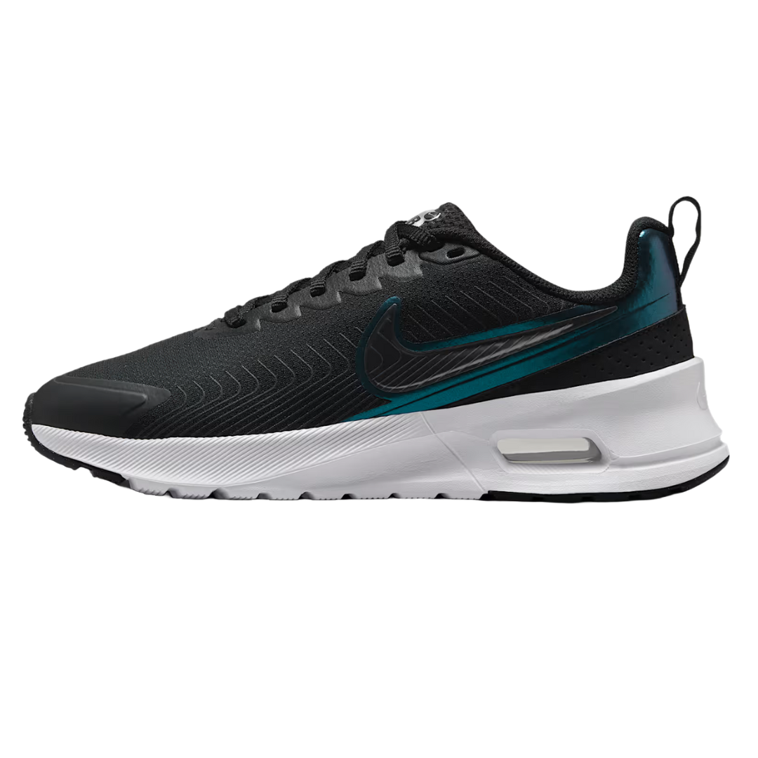 Nike Women's Air Max Nuaxis Shoes in black, featuring a sleek design with a teal and black Nike swoosh, a white midsole, visible Air Max cushioning, and a pull tab on the heel for easy wear.