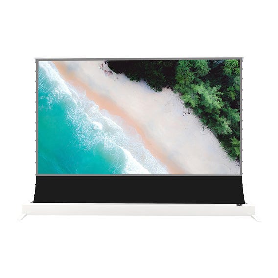 A projection screen displaying an aerial view of a beach with turquoise water and lush greenery.