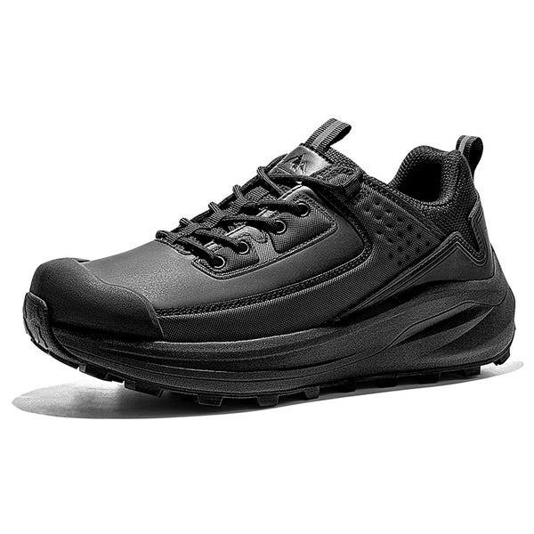 Black athletic shoe with lace-up front and thick sole.