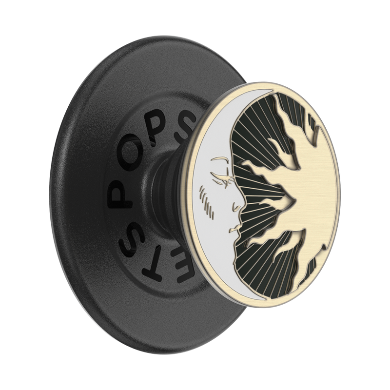 A black circular grip with an enamel design featuring a sun and moon motif in gold and silver, with intricate detailing.