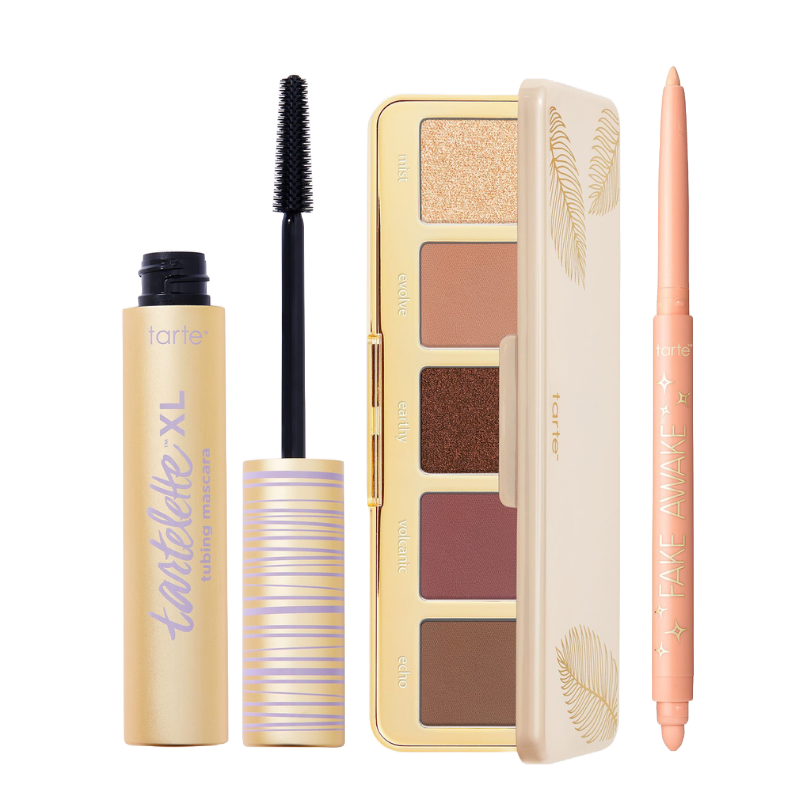 The Tarte Cosmetics Eye Set includes Tartelette XL tubing mascara, a five-shade eyeshadow palette with neutral and shimmery tones, and a \“Fake Awake\“ nude eyeliner pencil.