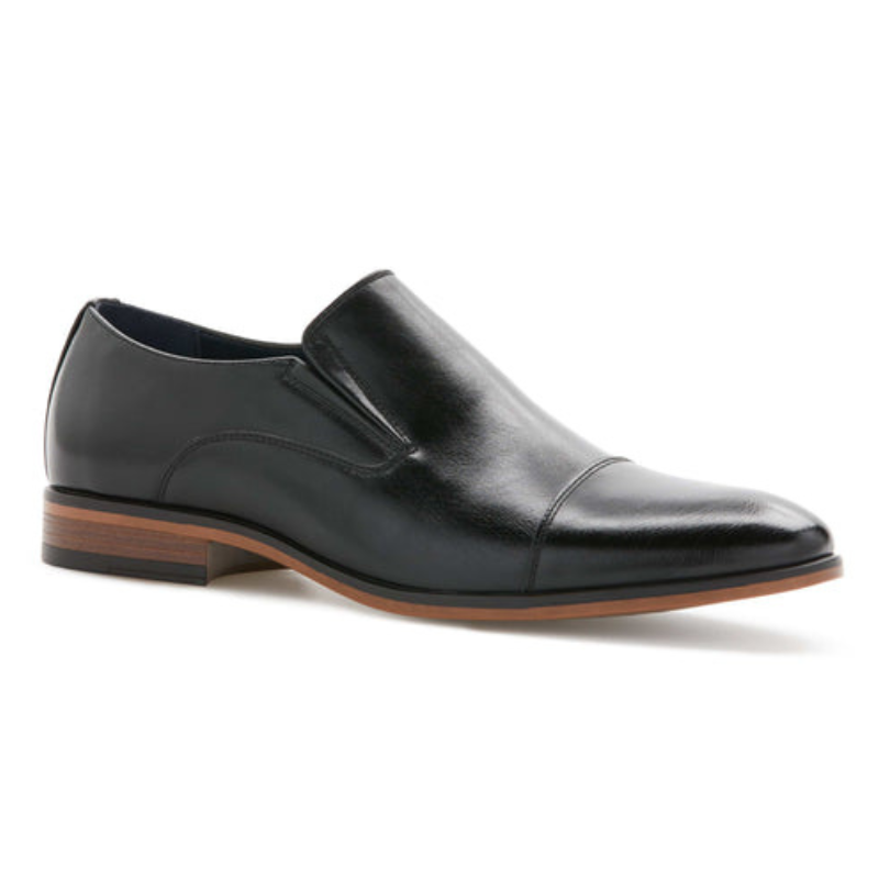 Black leather slip-on dress shoe with a cap toe and a wooden heel.