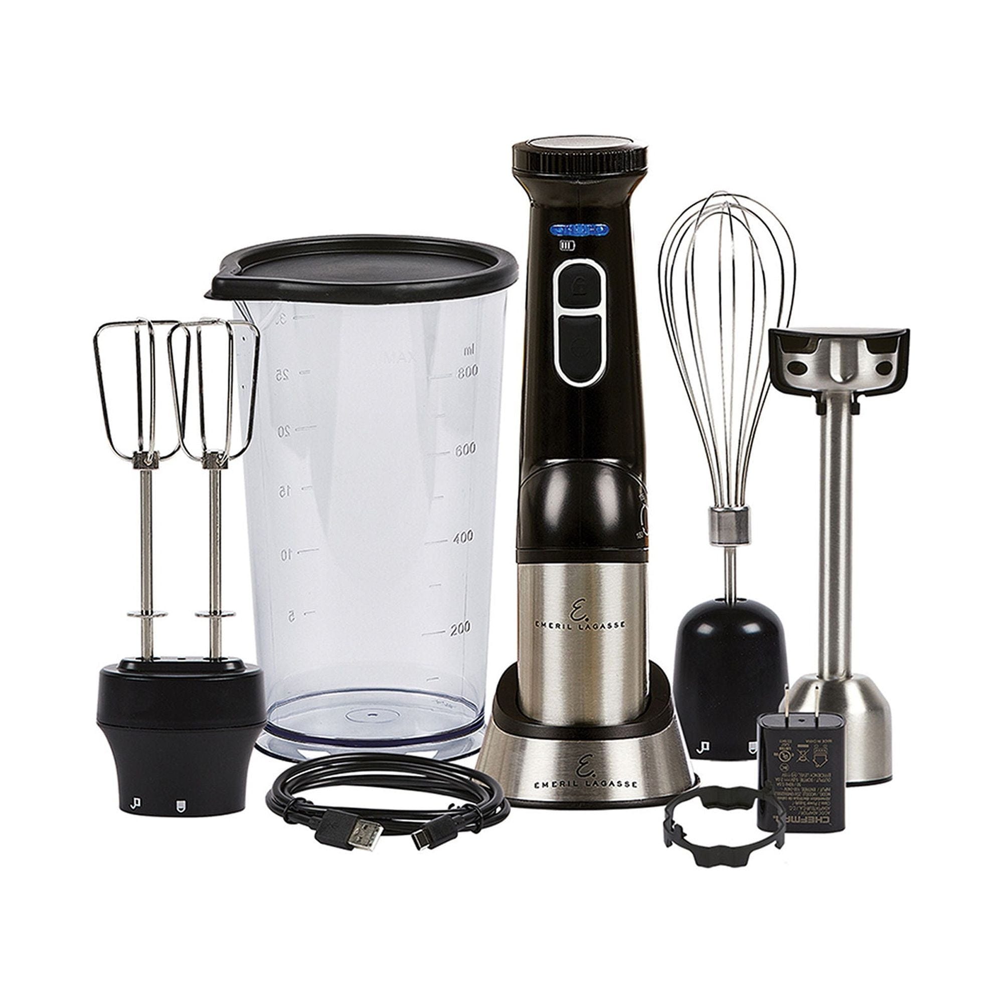 Immersion blender with attachments including a whisk, a chopper, a measuring beaker, and a USB charging cable.