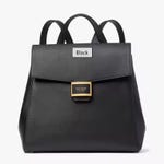 Black leather backpack with a flap closure and a gold-tone clasp.