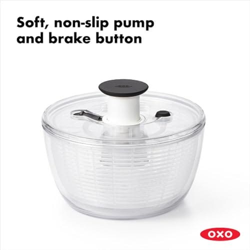 OXO Salad Spinner with a soft, non-slip pump and brake button for drying lettuce and other leafy greens.