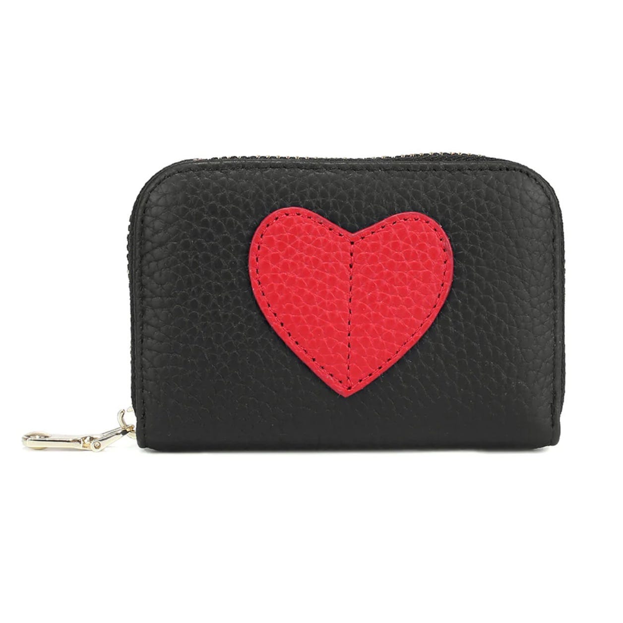 Black leather card holder with a prominent red heart design on the front, featuring a zipper closure and a small attachment loop on the side.