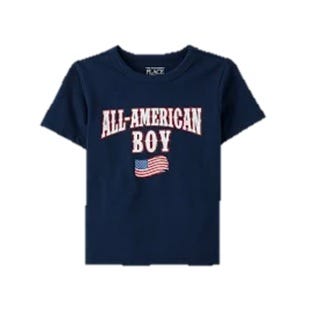 Navy blue short-sleeve tee with \“ALL-AMERICAN BOY\“ text in white and red, featuring a small American flag graphic underneath.