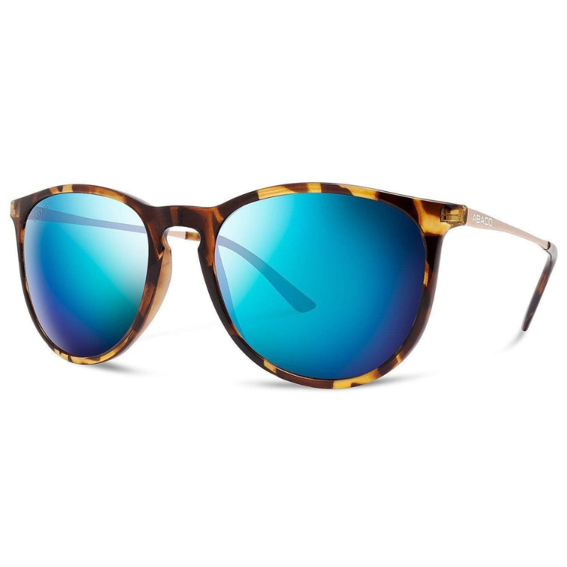 Tortoiseshell sunglasses with blue mirrored lenses and round frames. The arms have a subtle logo detail.