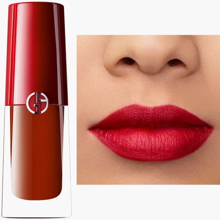 A red lipstick alongside a close-up of lips wearing the same shade.