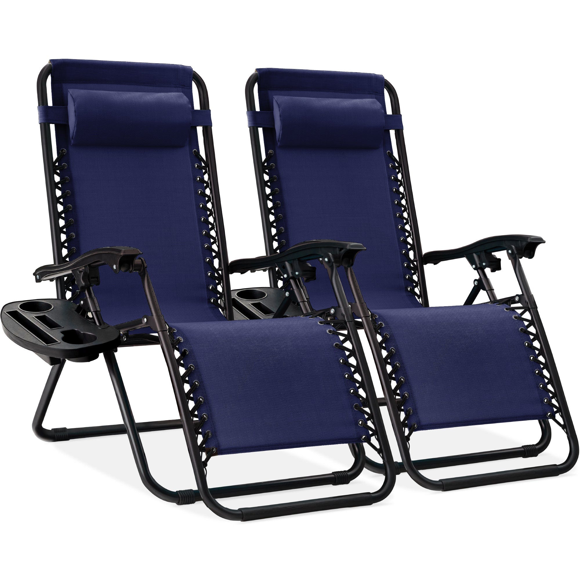 Two blue zero gravity chairs with black frames, adjustable headrests, and cup holder accessories.