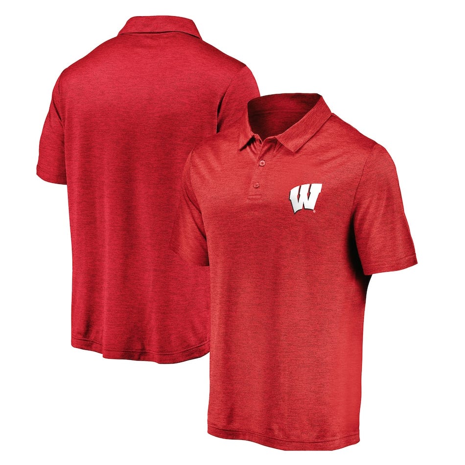 Red polo shirt with a Wisconsin Badgers logo on the front left chest, featuring a three-button placket and short sleeves, designed with a subtle heathered texture.