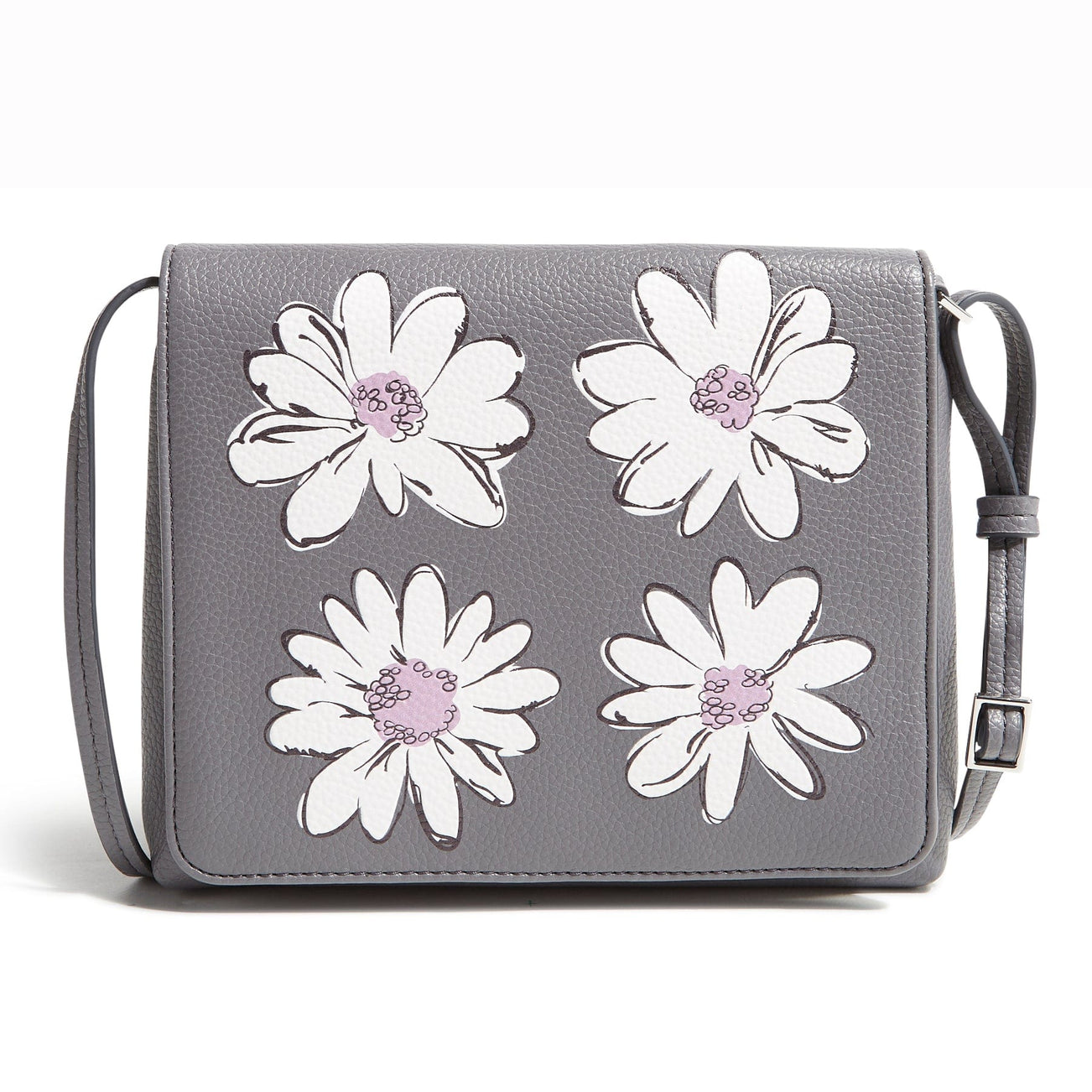 A gray crossbody bag with four white and pink daisy designs on the front flap, featuring an adjustable shoulder strap and a textured leather-like surface.