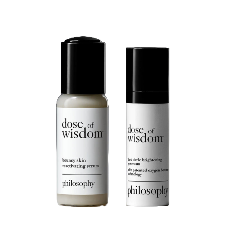 Two skincare items from Philosophy's \“Dose of Wisdom\“ line: a bouncy skin reactivating serum and a dark circle brightening eye cream.