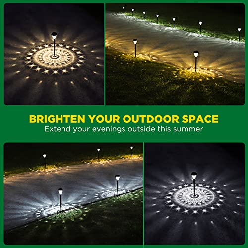 LED solar path lights with a patterned design are showcased, illuminating outdoor spaces at night in various scenes.