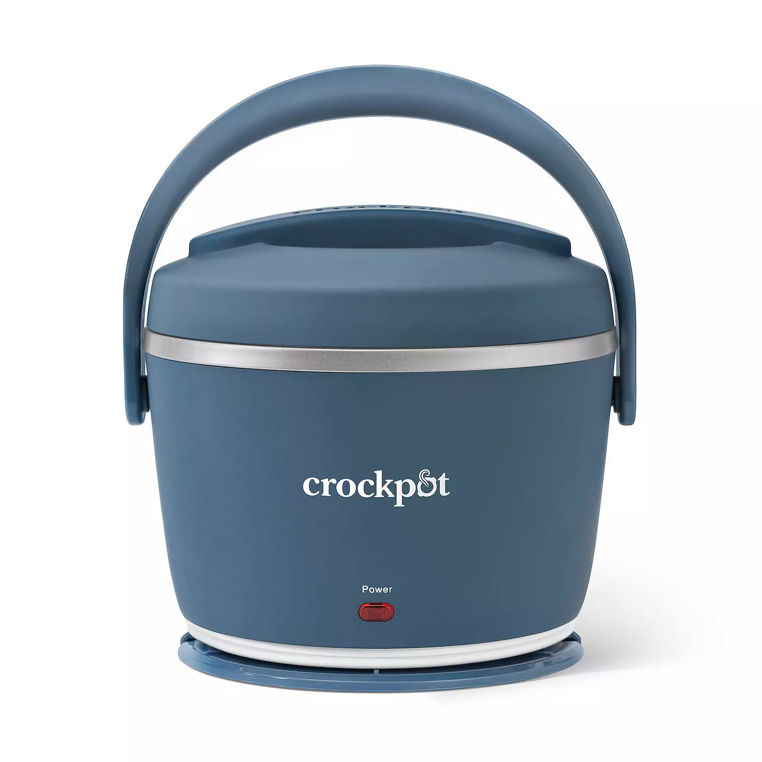 Blue Crock-Pot brand slow cooker with a handle and a power button on the front.