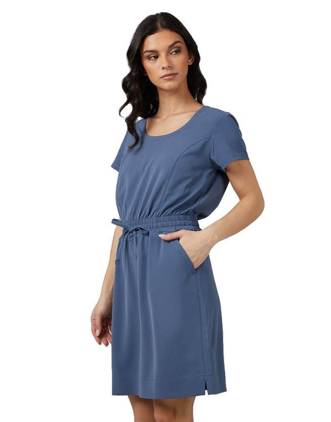 A woman is wearing a blue, short-sleeved dress with a cinched waist, side pockets, and a round neckline.