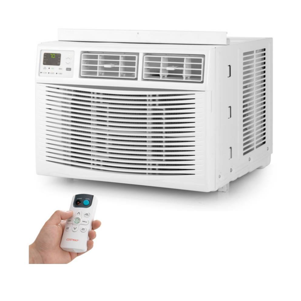 A window air conditioner with a digital display and a remote control.