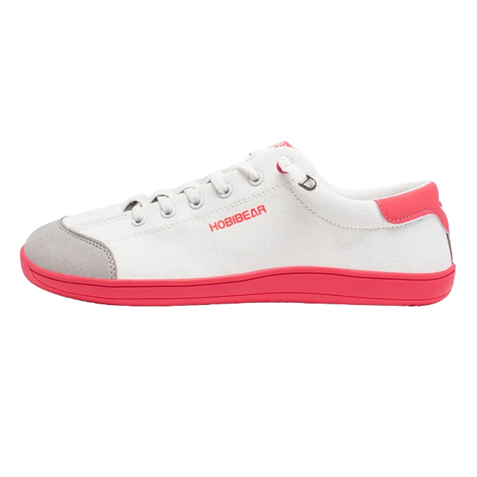 A white and pink low-top sneaker with the brand name \“HOBIBEAR\“ on the side, featuring a gray toe cap, lace-up closure, and rubber sole.