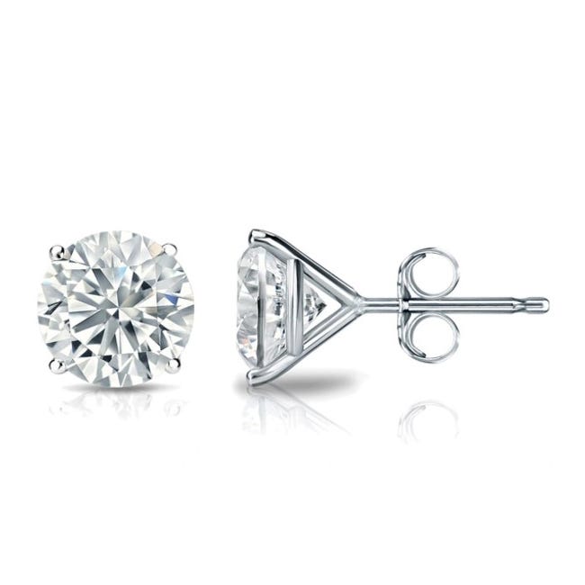 Pair of round-cut lab diamond stud earrings in a prong setting with a classic butterfly back, set in white metal.