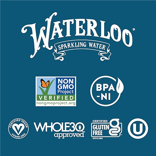 Waterloo Sparkling Water branding with certifications for Non-GMO, vegan, Whole30 approved, gluten-free, and BPA-free.