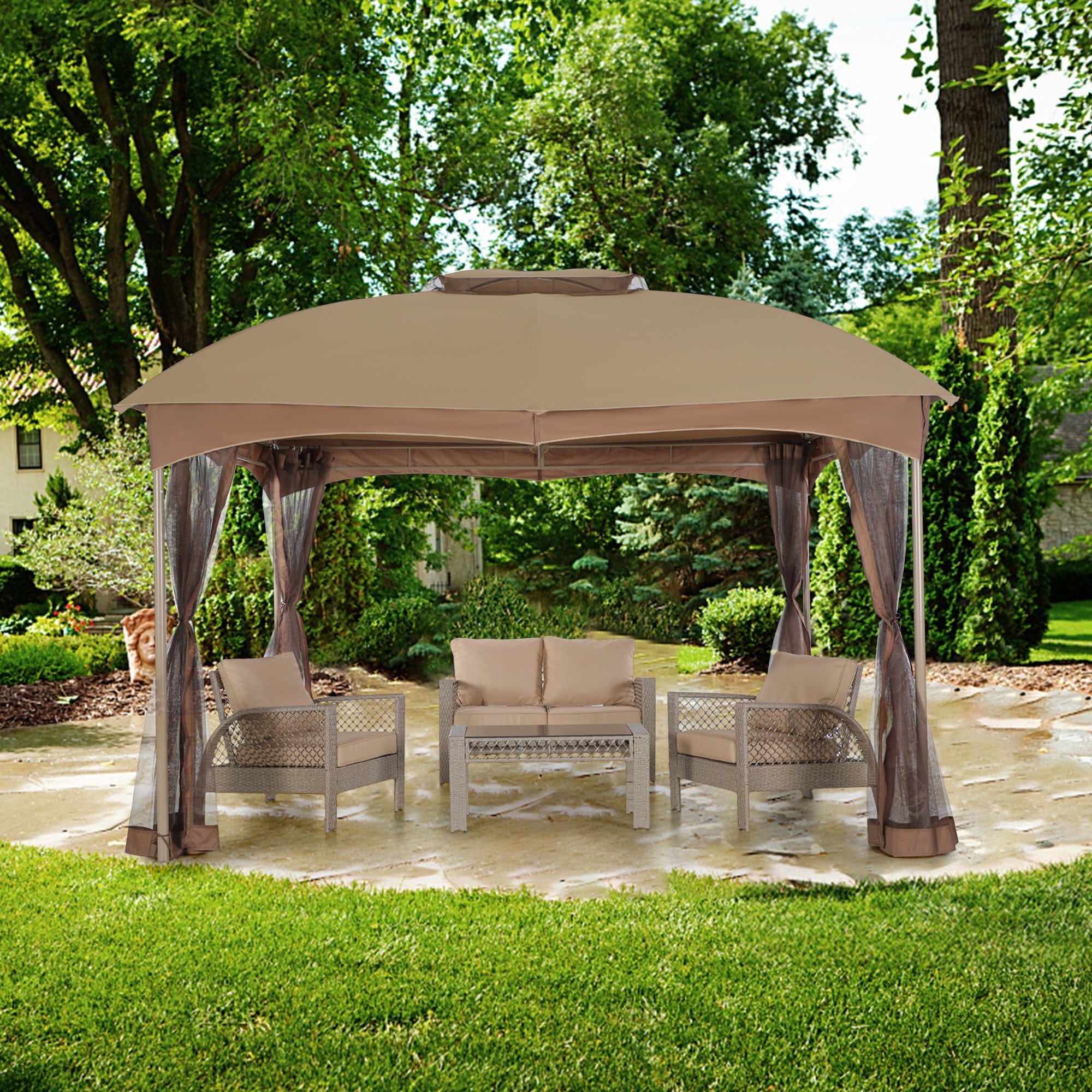A beige outdoor gazebo with a fabric roof and curtains, accompanied by a set of patio furniture consisting of two chairs and a sofa.