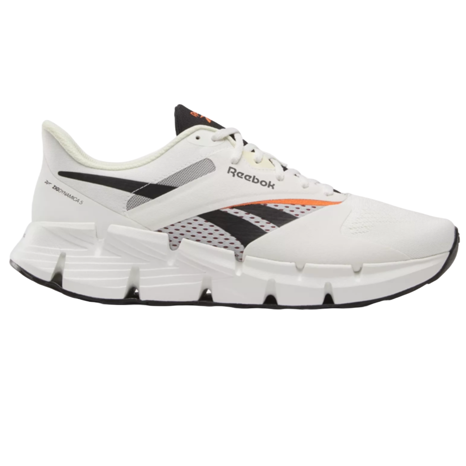 Reebok Zig Dynamica 5 Shoes are athletic sneakers featuring a white mesh upper with black and orange accents, a distinctive zigzag midsole for cushioning, and a durable rubber outsole for traction.
