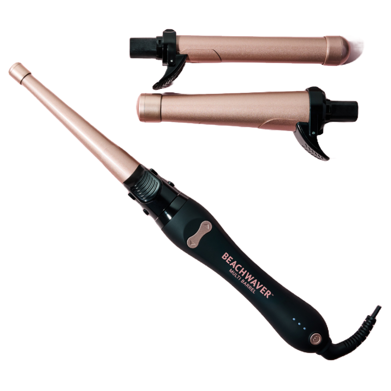The Beachwaver Multi Barrel Iron features interchangeable rose gold barrels for versatile styling. It includes two distinct barrel types and a rotating handle for easy use.