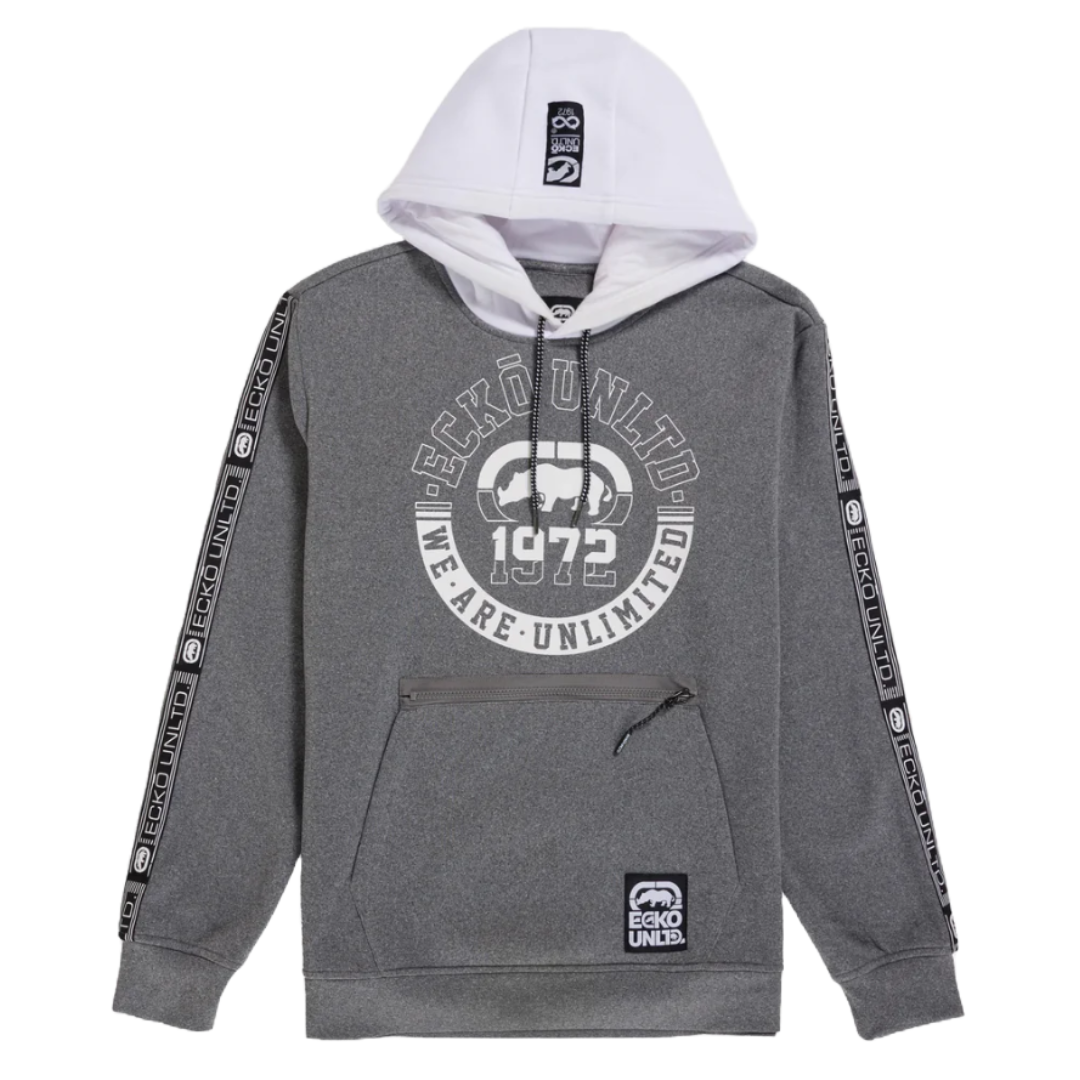 Gray and white hoodie with a white hood, featuring \“ECKO UNLTD\“ and \“1972\“ graphics on the chest. It has logo taping along the sleeves, a front zipper pocket, and a kangaroo pocket.