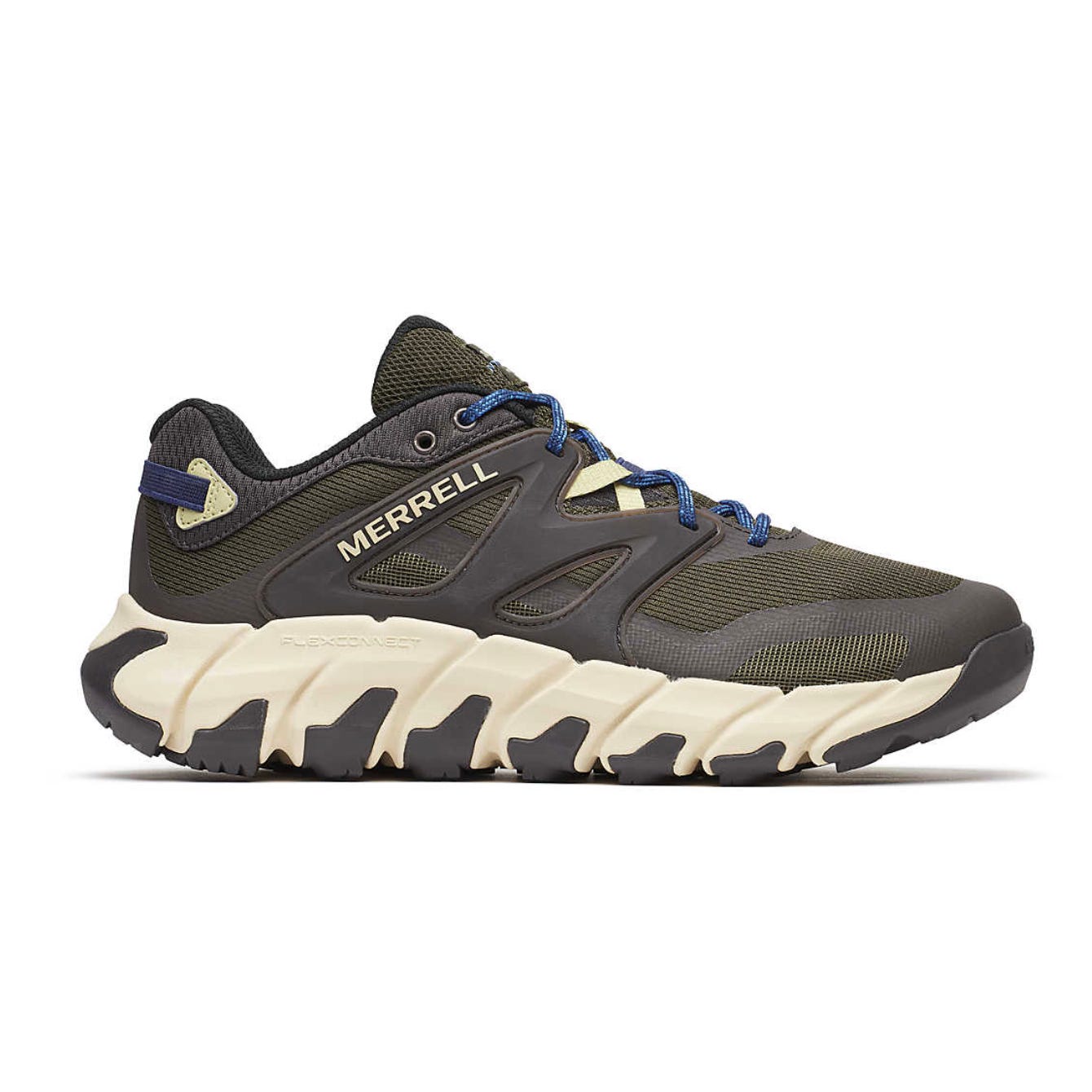 Merrell Maipo Explorer Shoes are outdoor footwear with a rugged, durable design, featuring an olive-green mesh upper, blue laces, black accents, and a cream-colored FlexConnect midsole for enhanced agility and grip.