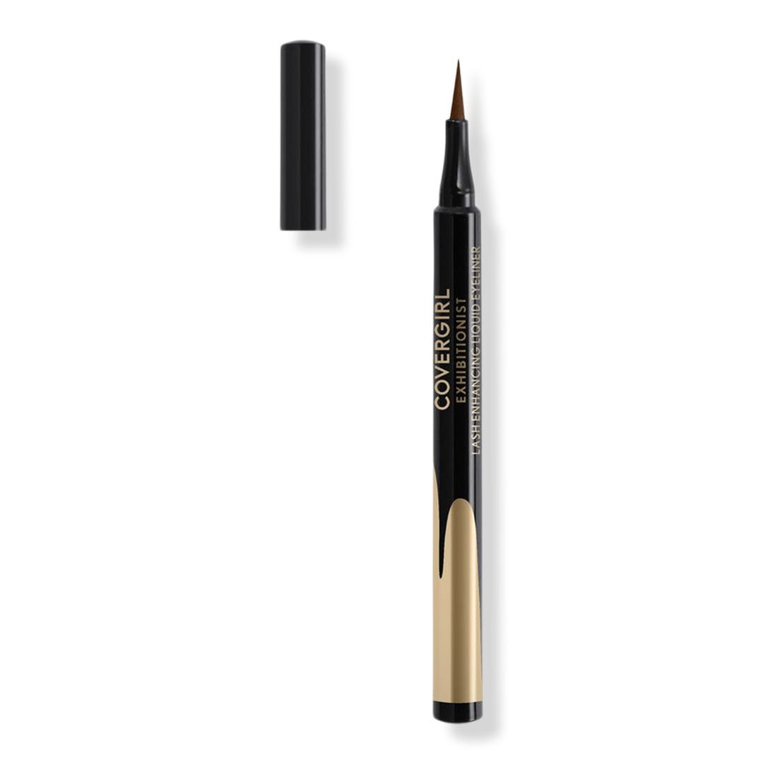 Covergirl Exhibitionist Lash Enhancing Liquid Eyeliner Pen with a black and gold design, cap off and tip exposed.