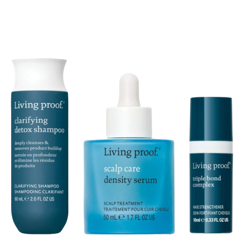 Living Proof Your Best Hair Trio includes Clarifying Detox Shampoo (60 mL) for deep cleansing, Scalp Care Density Serum (50 mL) for scalp treatment, and Triple Bond Complex (10 mL) for hair strengthening.