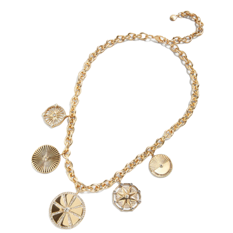 Gold chain necklace with five round, decorative pendants featuring various geometric designs.